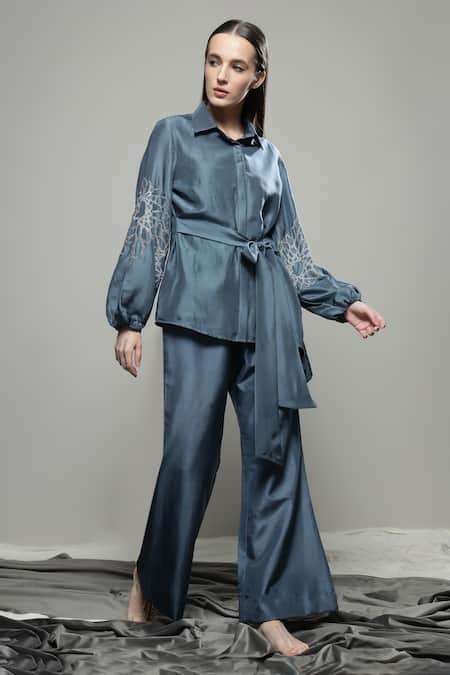 Shop Sakshi Khetterpal Gray Silk, Linen Embroidery Collared Floral Tie-up Shirt And Pant Set Online at Aza Fashions Shop_Sakshi Khetterpal_Gray Silk, Linen Embroidery Collared Floral Tie-up Shirt And Pant Set _Online_at_Aza_Fashions