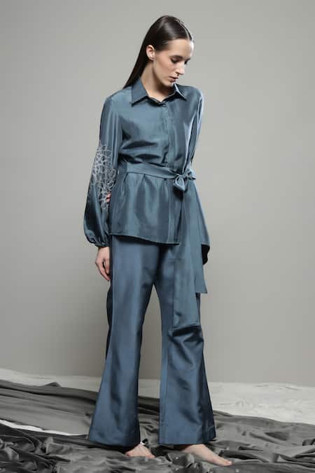 Sakshi Khetterpal Gray Silk, Linen Embroidery Collared Floral Tie-up Shirt And Pant Set at Aza Fashions Sakshi Khetterpal_Gray Silk, Linen Embroidery Collared Floral Tie-up Shirt And Pant Set _at_Aza_Fashions