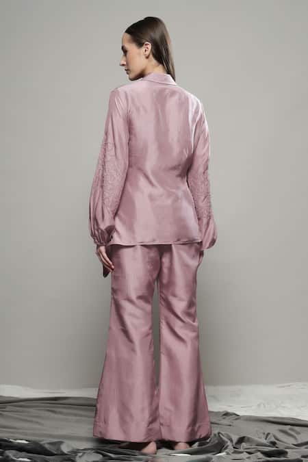 Shop_Sakshi Khetterpal_Pink Silk Embroidery Collared Floral Shirt And Pant Set _at_Aza_Fashions