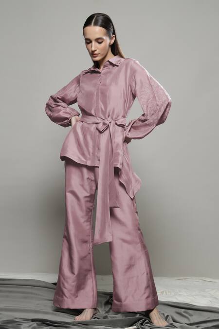Sakshi Khetterpal_Pink Silk Embroidery Collared Floral Shirt And Pant Set _Online_at_Aza_Fashions