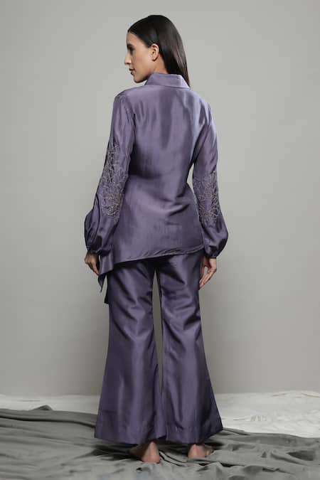 Shop Sakshi Khetterpal Purple Silk, Linen Embroidery Collared Asymmetric Tie-up Floral Shirt Set at Aza Fashions Shop_Sakshi Khetterpal_Purple Silk, Linen Embroidery Collared Asymmetric Tie-up Floral Shirt Set _at_Aza_Fashions