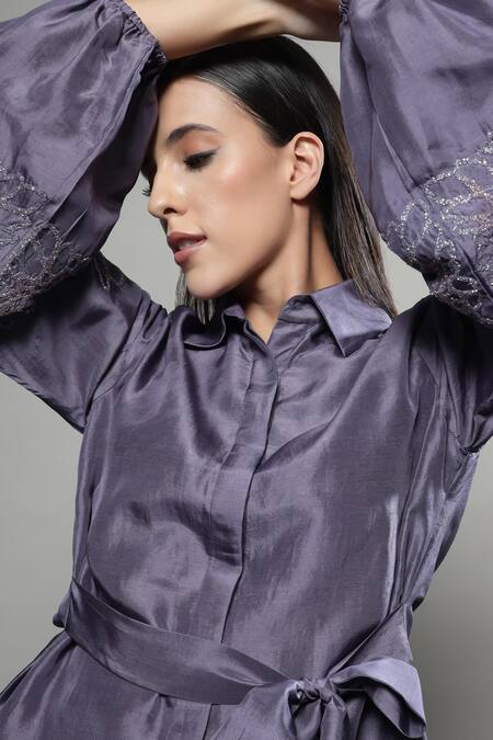 Sakshi Khetterpal Purple Silk, Linen Embroidery Collared Asymmetric Tie-up Floral Shirt Set Online at Aza Fashions Sakshi Khetterpal_Purple Silk, Linen Embroidery Collared Asymmetric Tie-up Floral Shirt Set _Online_at_Aza_Fashions