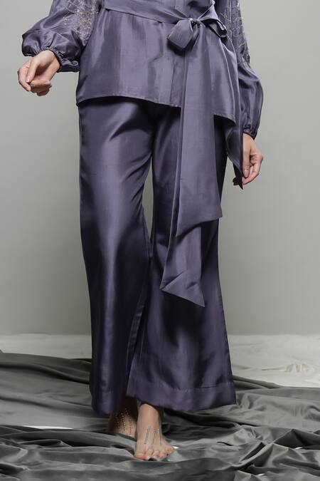 Buy Sakshi Khetterpal Purple Silk, Linen Embroidery Collared Asymmetric Tie-up Floral Shirt Set Online at Aza Fashions Buy_Sakshi Khetterpal_Purple Silk, Linen Embroidery Collared Asymmetric Tie-up Floral Shirt Set _Online_at_Aza_Fashions