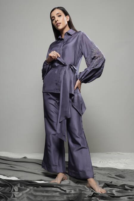 Shop Sakshi Khetterpal Purple Silk, Linen Embroidery Collared Asymmetric Tie-up Floral Shirt Set Online at Aza Fashions Shop_Sakshi Khetterpal_Purple Silk, Linen Embroidery Collared Asymmetric Tie-up Floral Shirt Set _Online_at_Aza_Fashions