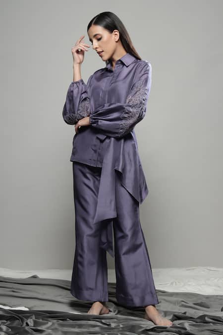 Sakshi Khetterpal Purple Silk, Linen Embroidery Collared Asymmetric Tie-up Floral Shirt Set at Aza Fashions Sakshi Khetterpal_Purple Silk, Linen Embroidery Collared Asymmetric Tie-up Floral Shirt Set _at_Aza_Fashions