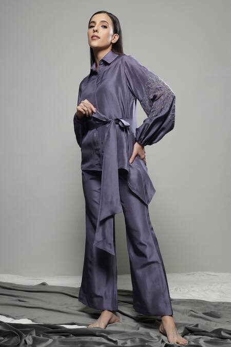 Buy Sakshi Khetterpal Purple Silk, Linen Embroidery Collared Asymmetric Tie-up Floral Shirt Set Buy_Sakshi Khetterpal_Purple Silk, Linen Embroidery Collared Asymmetric Tie-up Floral Shirt Set