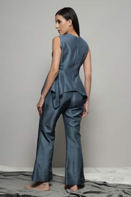 Shop Sakshi Khetterpal Gray Silk Cut Work, Beads Round Neck Abstract Embroidered Peplum Top And Pant Set at Aza Fashions Shop_Sakshi Khetterpal_Gray Silk Cut Work, Beads Round Neck Abstract Embroidered Peplum Top And Pant Set _at_Aza_Fashions