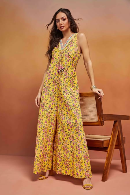 SHIKHA MALIK Floral Print Embellished Neckline Jumpsuit 