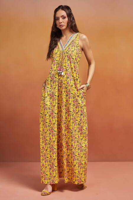 Shop_Shikha Malik_Yellow Cotton Mirrors, Beads V-neck Floral Print Hand Embroidered Jumpsuit _Online_at_Aza_Fashions