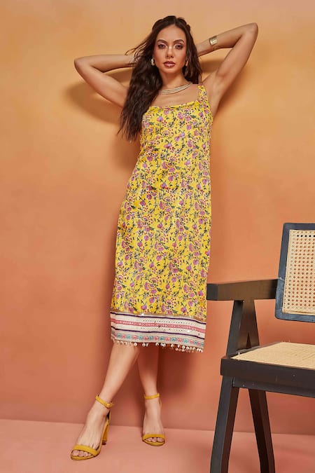 Shikha Malik Yellow Satin Sequins, Mirrors Square Neck Floral Handblock Print Midi Dress Online at Aza Fashions Shikha Malik_Yellow Satin Sequins, Mirrors Square Neck Floral Handblock Print Midi Dress _Online_at_Aza_Fashions