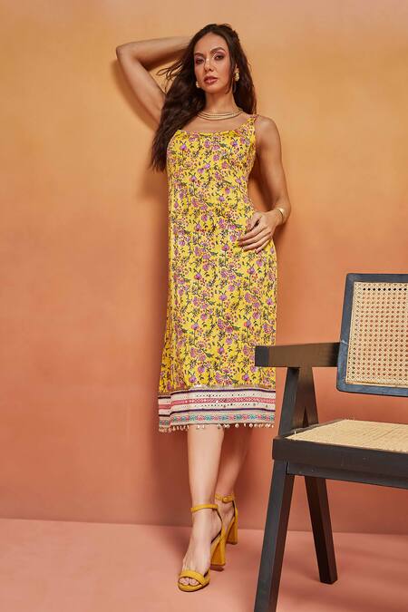 Buy Shikha Malik Yellow Satin Sequins, Mirrors Square Neck Floral Handblock Print Midi Dress Online at Aza Fashions Buy_Shikha Malik_Yellow Satin Sequins, Mirrors Square Neck Floral Handblock Print Midi Dress _Online_at_Aza_Fashions