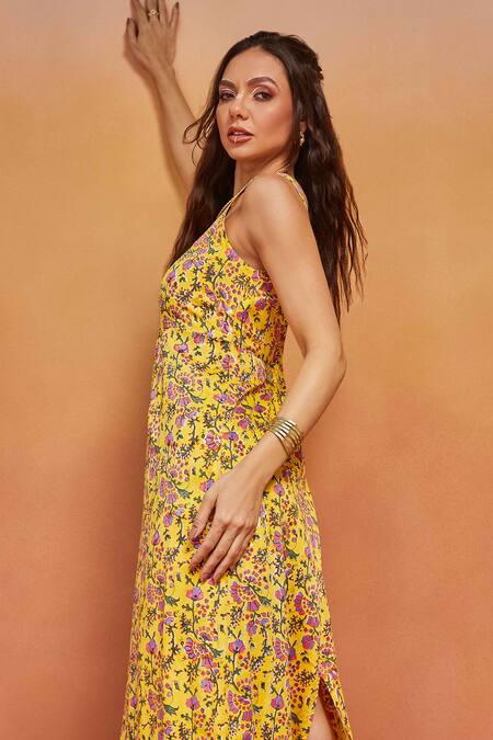 Shop Shikha Malik Yellow Satin Sequins, Mirrors Square Neck Floral Handblock Print Midi Dress Online at Aza Fashions Shop_Shikha Malik_Yellow Satin Sequins, Mirrors Square Neck Floral Handblock Print Midi Dress _Online_at_Aza_Fashions