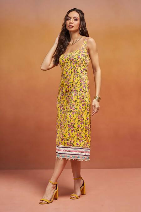 Shikha Malik Yellow Satin Sequins, Mirrors Square Neck Floral Handblock Print Midi Dress at Aza Fashions Shikha Malik_Yellow Satin Sequins, Mirrors Square Neck Floral Handblock Print Midi Dress _at_Aza_Fashions
