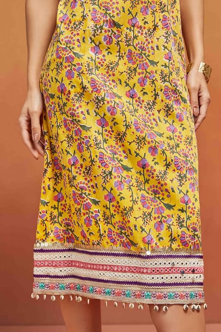 Buy Shikha Malik Yellow Satin Sequins, Mirrors Square Neck Floral Handblock Print Midi Dress Buy_Shikha Malik_Yellow Satin Sequins, Mirrors Square Neck Floral Handblock Print Midi Dress