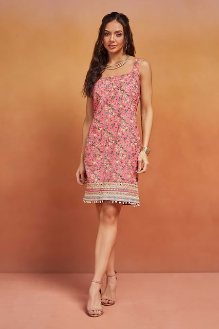 Buy Shikha Malik Pink Satin Mirrors, Sequins Square Neck Flora Handblock Print Dress Online at Aza Fashions Buy_Shikha Malik_Pink Satin Mirrors, Sequins Square Neck Flora Handblock Print Dress _Online_at_Aza_Fashions