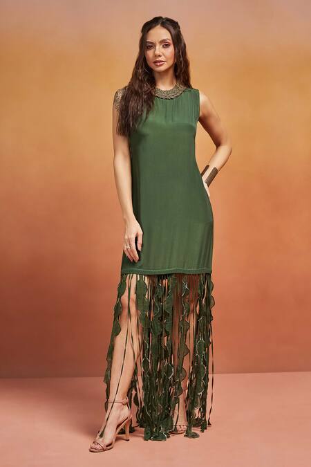 Shop_Shikha Malik_Green Satin Tassels Round Neck Cutwork Dress _Online_at_Aza_Fashions