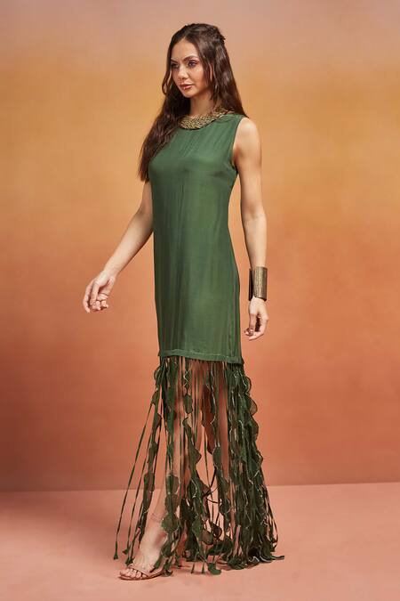 Shikha Malik_Green Satin Tassels Round Neck Cutwork Dress _at_Aza_Fashions