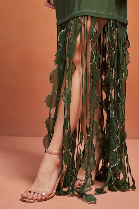 Buy_Shikha Malik_Green Satin Tassels Round Neck Cutwork Dress 