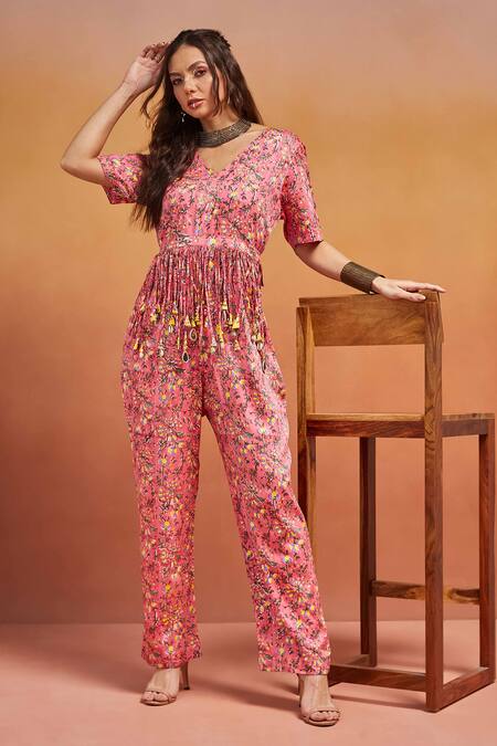 Shikha Malik_Pink Satin Mirrors, Beads V-neck Bloom Handblock Print Jumpsuit _Online_at_Aza_Fashions