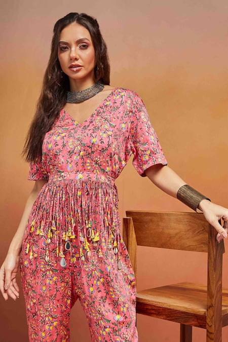 Buy_Shikha Malik_Pink Satin Mirrors, Beads V-neck Bloom Handblock Print Jumpsuit _Online_at_Aza_Fashions