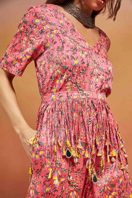Shikha Malik_Pink Satin Mirrors, Beads V-neck Bloom Handblock Print Jumpsuit _at_Aza_Fashions
