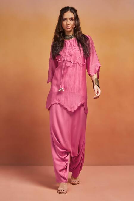 Shop_Shikha Malik_Pink Silk, Chanderi Cut Work Round Neck And Cording Detail Kurta Set _Online_at_Aza_Fashions