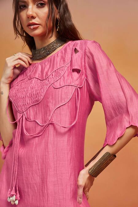 Shikha Malik_Pink Silk, Chanderi Cut Work Round Neck And Cording Detail Kurta Set _at_Aza_Fashions