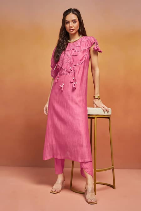 Buy Shikha Malik Pink Silk, Chanderi Tassels Round Neck Cutwork And Cording Detail Kurta Set Online at Aza Fashions Buy_Shikha Malik_Pink Silk, Chanderi Tassels Round Neck Cutwork And Cording Detail Kurta Set _Online_at_Aza_Fashions