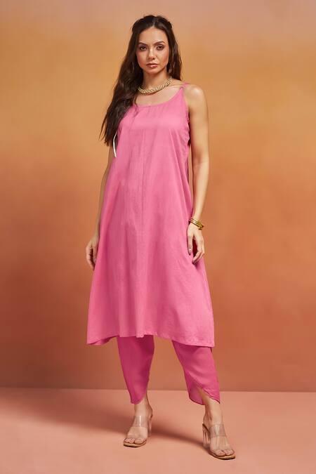 Shop Shikha Malik Pink Silk, Chanderi Tassels Round Neck Cutwork And Cording Detail Kurta Set Online at Aza Fashions Shop_Shikha Malik_Pink Silk, Chanderi Tassels Round Neck Cutwork And Cording Detail Kurta Set _Online_at_Aza_Fashions