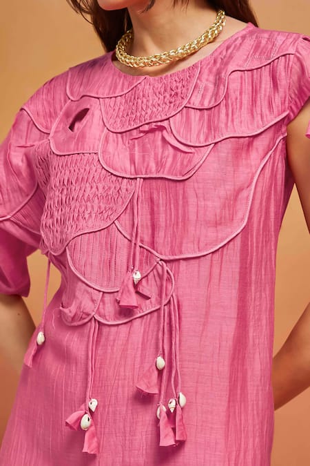 Buy Shikha Malik Pink Silk, Chanderi Tassels Round Neck Cutwork And Cording Detail Kurta Set Buy_Shikha Malik_Pink Silk, Chanderi Tassels Round Neck Cutwork And Cording Detail Kurta Set