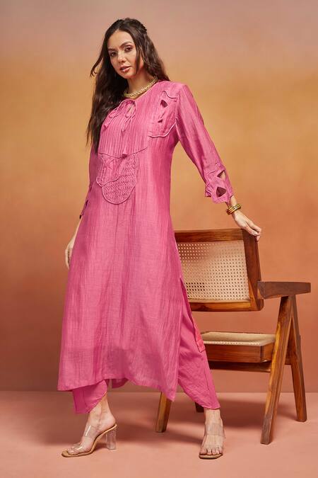 Shikha Malik_Pink Silk, Chanderi Cut Work Round Neck Bloom And Cording Kurta Set _Online_at_Aza_Fashions