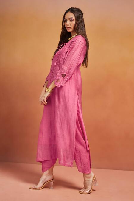 Shikha Malik_Pink Silk, Chanderi Cut Work Round Neck Bloom And Cording Kurta Set _at_Aza_Fashions