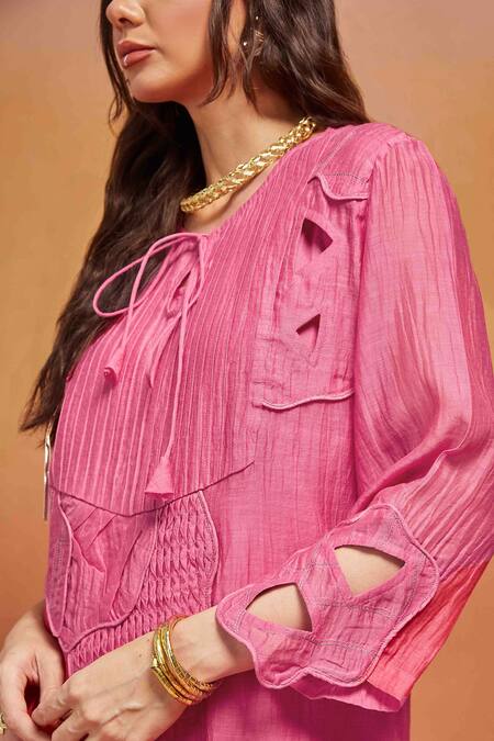 Buy_Shikha Malik_Pink Silk, Chanderi Cut Work Round Neck Bloom And Cording Kurta Set 