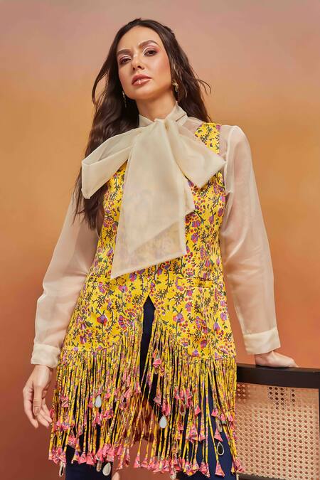 Shikha Malik Yellow Satin Tassels V-neck Phool Handblock Print Jacket Online at Aza Fashions Shikha Malik_Yellow Satin Tassels V-neck Phool Handblock Print Jacket _Online_at_Aza_Fashions