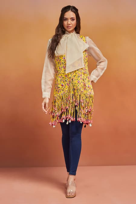 Buy Shikha Malik Yellow Satin Tassels V-neck Phool Handblock Print Jacket Online at Aza Fashions Buy_Shikha Malik_Yellow Satin Tassels V-neck Phool Handblock Print Jacket _Online_at_Aza_Fashions