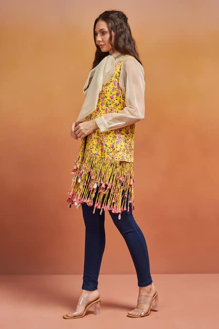 Shop Shikha Malik Yellow Satin Tassels V-neck Phool Handblock Print Jacket Online at Aza Fashions Shop_Shikha Malik_Yellow Satin Tassels V-neck Phool Handblock Print Jacket _Online_at_Aza_Fashions