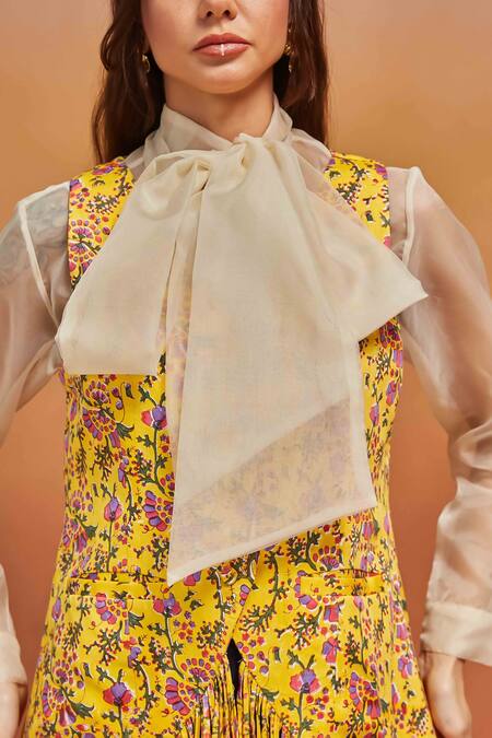 Shikha Malik Yellow Satin Tassels V-neck Phool Handblock Print Jacket at Aza Fashions Shikha Malik_Yellow Satin Tassels V-neck Phool Handblock Print Jacket _at_Aza_Fashions