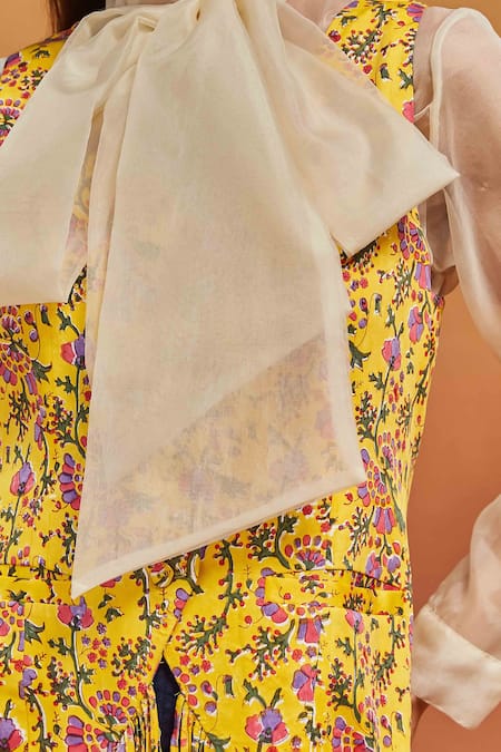 Buy Shikha Malik Yellow Satin Tassels V-neck Phool Handblock Print Jacket Buy_Shikha Malik_Yellow Satin Tassels V-neck Phool Handblock Print Jacket