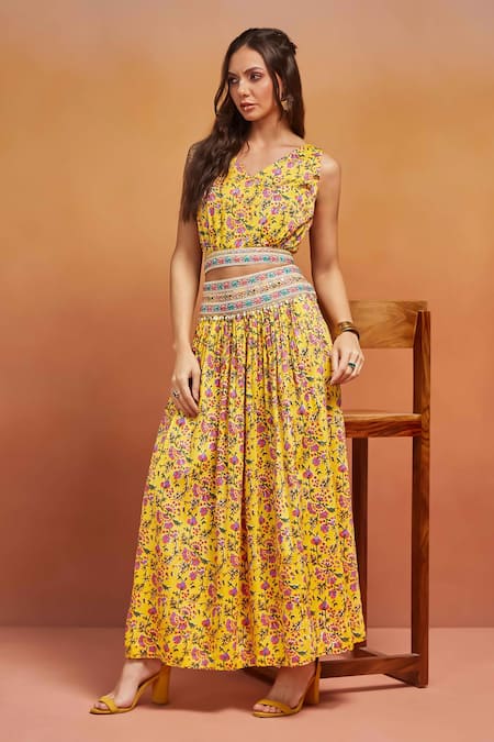 Shikha Malik_Yellow Cotton Embroidery, Sequins V-neck Phool Print Top And Skirt Set _Online_at_Aza_Fashions