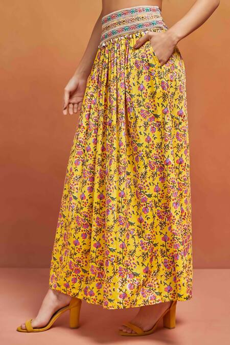 Buy_Shikha Malik_Yellow Cotton Embroidery, Sequins V-neck Phool Print Top And Skirt Set _Online_at_Aza_Fashions
