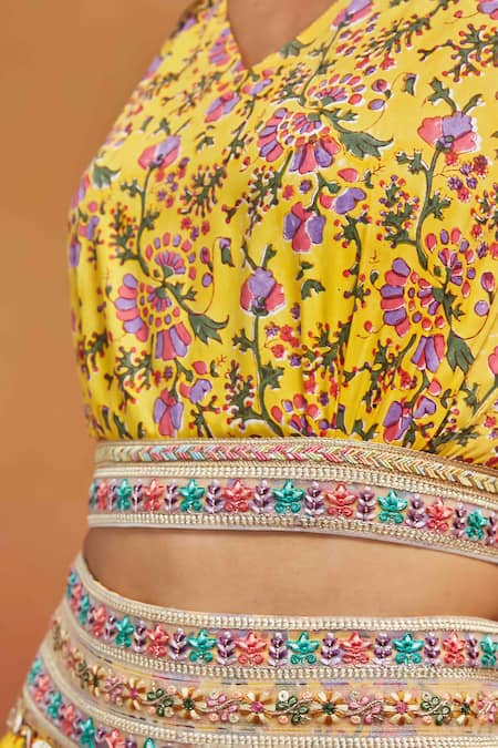 Shop_Shikha Malik_Yellow Cotton Embroidery, Sequins V-neck Phool Print Top And Skirt Set _Online_at_Aza_Fashions