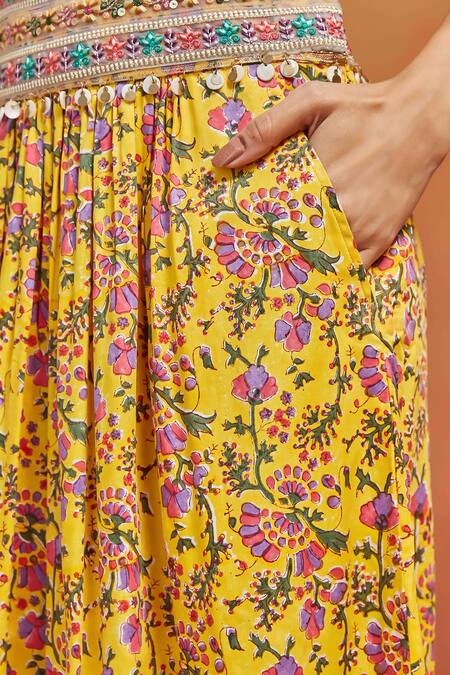 Shikha Malik_Yellow Cotton Embroidery, Sequins V-neck Phool Print Top And Skirt Set _at_Aza_Fashions