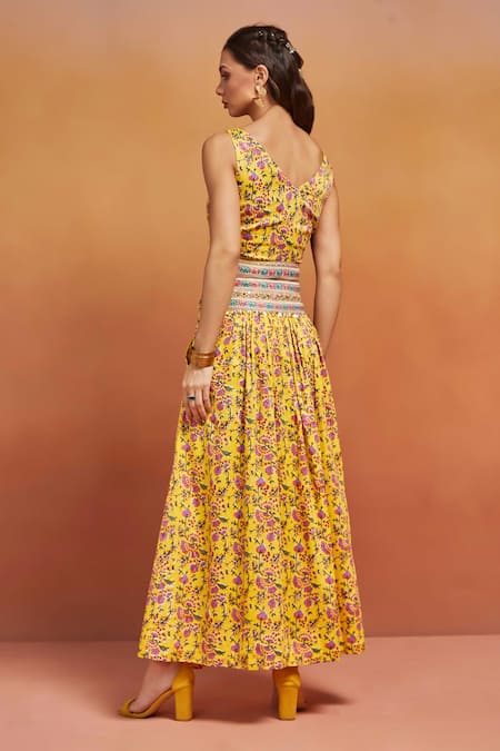 Shop_Shikha Malik_Yellow Cotton Embroidery, Sequins V-neck Phool Print Top And Skirt Set _at_Aza_Fashions