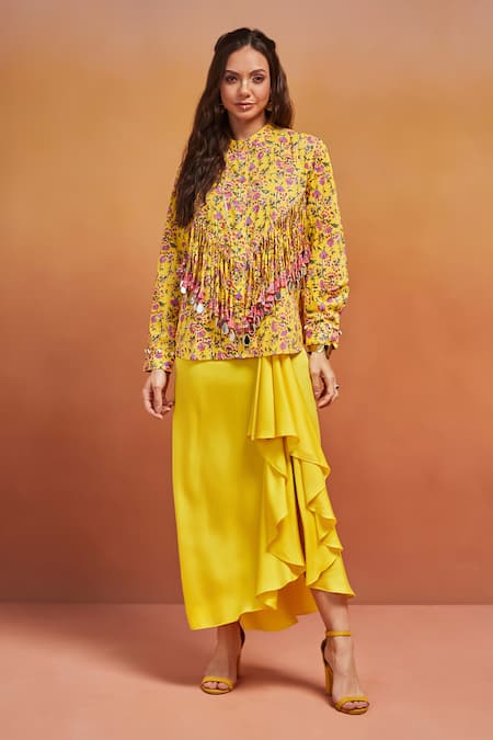 Shikha Malik Yellow Cotton Tassels Bandeau Neck Phool Handblock Print Shirt With Online at Aza Fashions Shikha Malik_Yellow Cotton Tassels Bandeau Neck Phool Handblock Print Shirt With _Online_at_Aza_Fashions