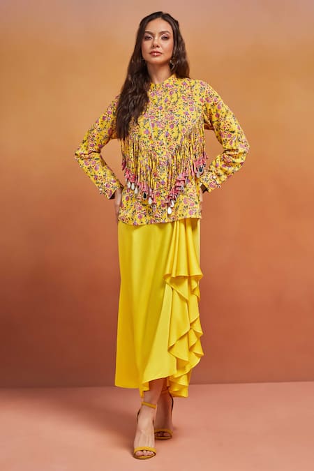 Buy Shikha Malik Yellow Cotton Tassels Bandeau Neck Phool Handblock Print Shirt With Online at Aza Fashions Buy_Shikha Malik_Yellow Cotton Tassels Bandeau Neck Phool Handblock Print Shirt With _Online_at_Aza_Fashions