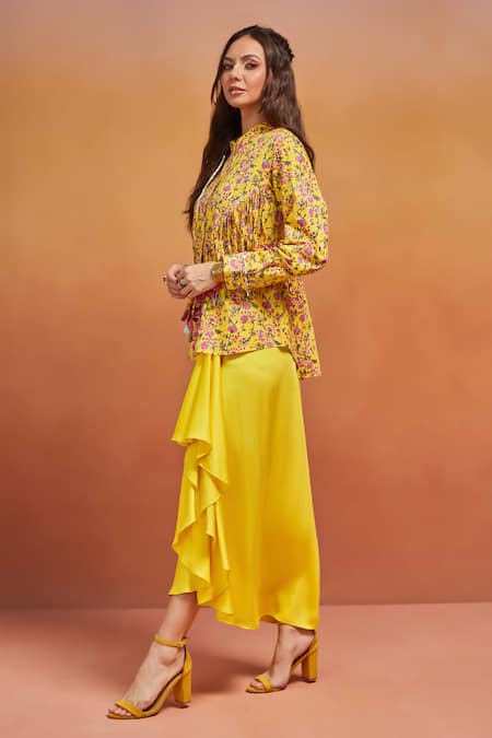 Shop Shikha Malik Yellow Cotton Tassels Bandeau Neck Phool Handblock Print Shirt With Online at Aza Fashions Shop_Shikha Malik_Yellow Cotton Tassels Bandeau Neck Phool Handblock Print Shirt With _Online_at_Aza_Fashions