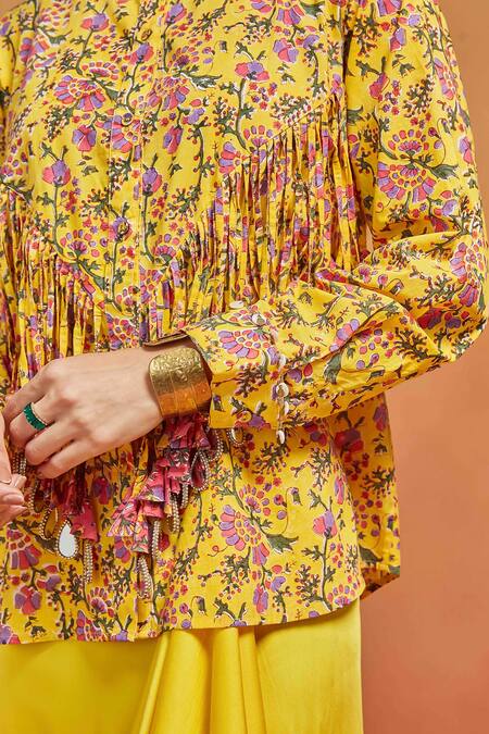 Shikha Malik Yellow Cotton Tassels Bandeau Neck Phool Handblock Print Shirt With at Aza Fashions Shikha Malik_Yellow Cotton Tassels Bandeau Neck Phool Handblock Print Shirt With _at_Aza_Fashions