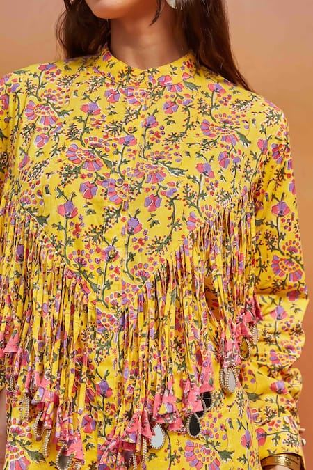 Buy Shikha Malik Yellow Cotton Tassels Bandeau Neck Phool Handblock Print Shirt With Buy_Shikha Malik_Yellow Cotton Tassels Bandeau Neck Phool Handblock Print Shirt With
