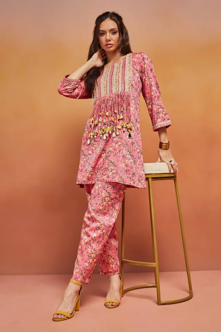 Buy_Shikha Malik_Pink Satin Mirrors Round Neck Floral Handblock Print Kurta And Pant Set _Online_at_Aza_Fashions