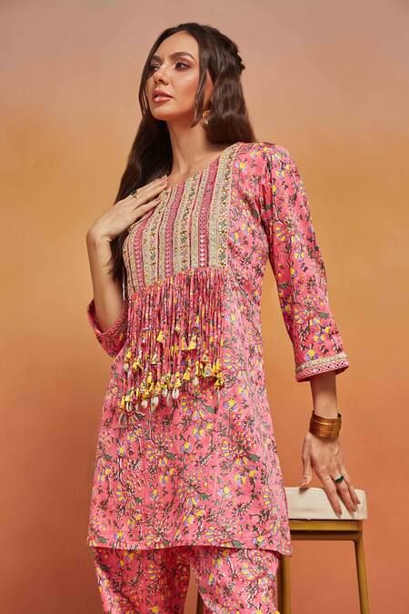 Shop_Shikha Malik_Pink Satin Mirrors Round Neck Floral Handblock Print Kurta And Pant Set _Online_at_Aza_Fashions
